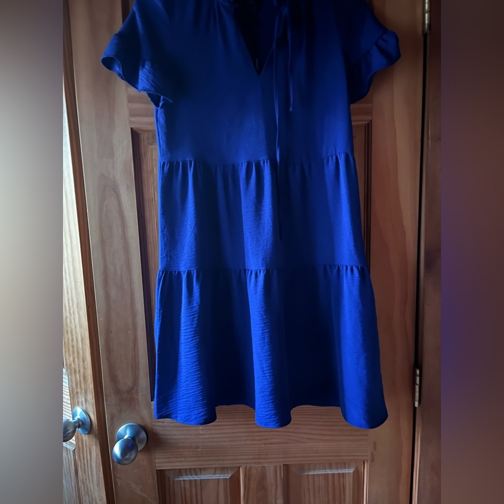 DKNY bright blue capped sleeves dress w front tie